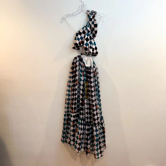 Patbo Check Printed Teal Multi One Shoulder Knee Length Beach Midi Dress S NWT - Picture 6 of 10